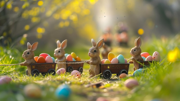 Toy bunnies pulling carts filled with eggs playful parade scene with a touch of Easter magic