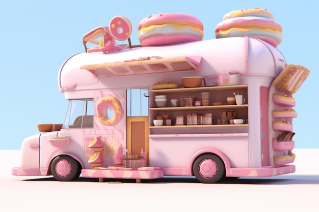 a toy bus with a pink and white trailer with donuts on the top