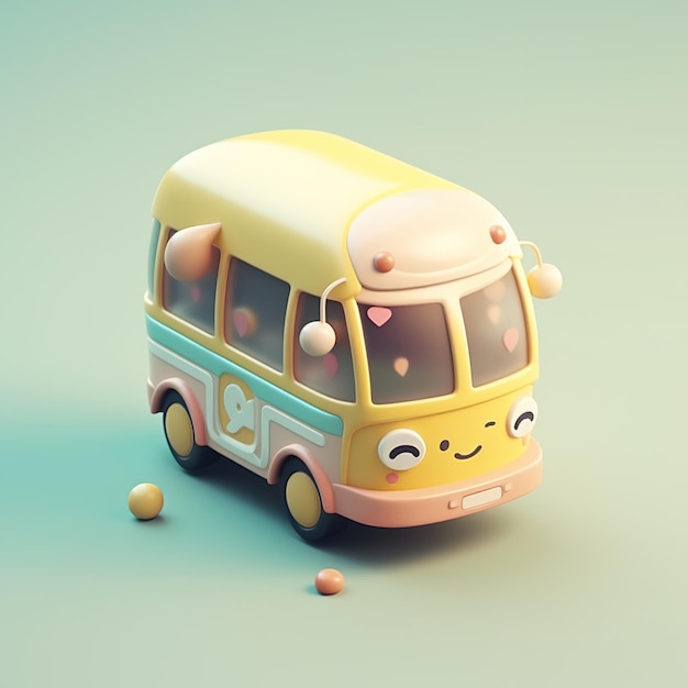 A toy bus with a smiley face is on a blue background.