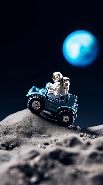 A toy car is on a moonlit surface with the moon in the background.