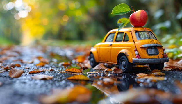 Photo a toy car with an apple on top of it the scene is set in autumn with leaves on the ground