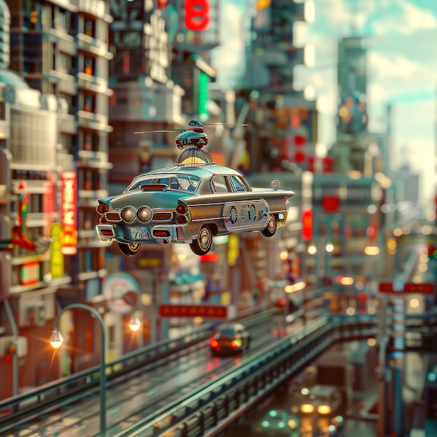 a toy car with the number 1 on it is flying above a city street