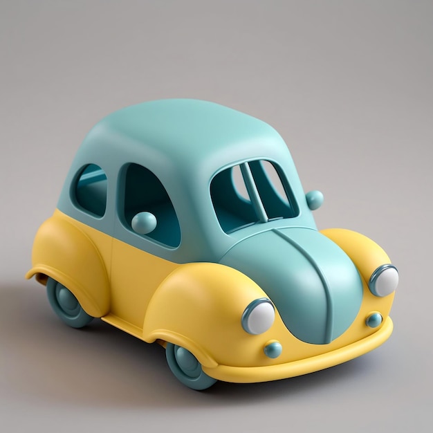 A toy car with a yellow and blue body and the number 2 on the front.