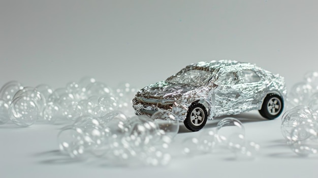 Toy car wrapped in aluminum foil surrounded by bubble wrap on white background