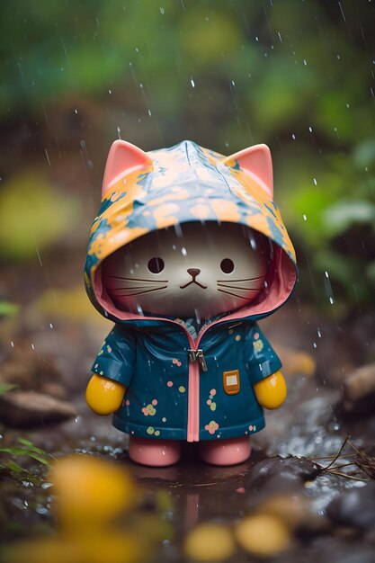 A toy cat in a raincoat with a flower on it