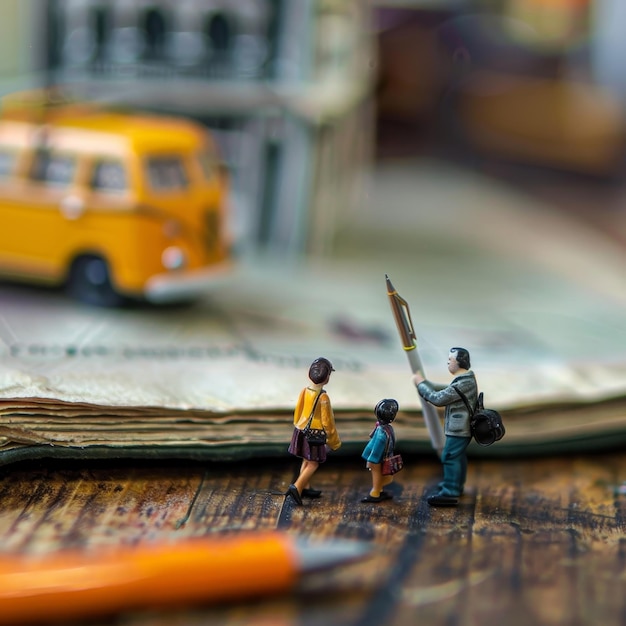 a toy of children with a pencil and a yellow bus on the table