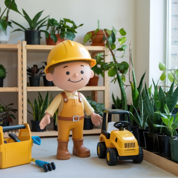 Photo a toy construction worker stands next to a toy forklift and tools