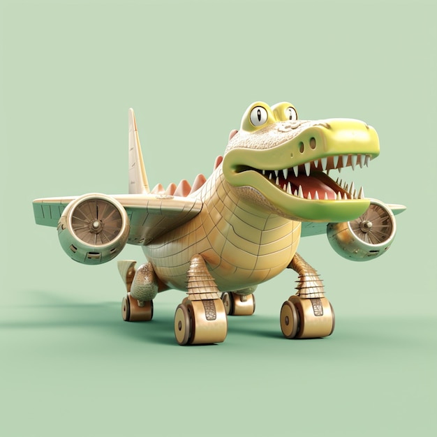 A toy crocodile with a plane on it