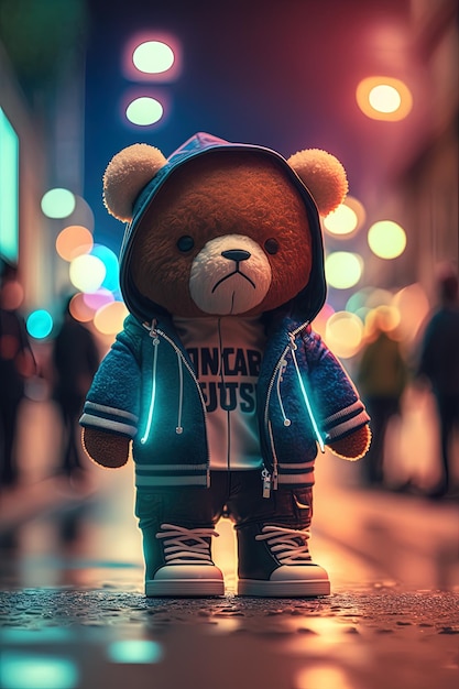 Toy cute Bear in clothes jacket and sneakers on street background with neon lighting generative AI