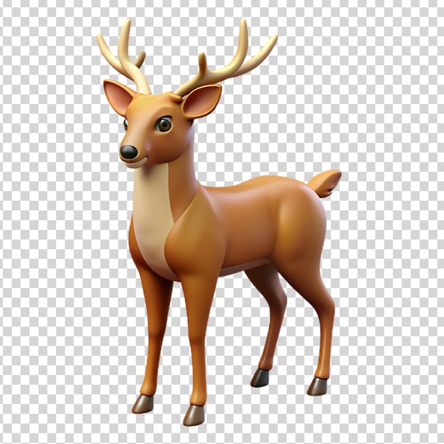 A toy deer with antlers and a brown body standing on transparent background