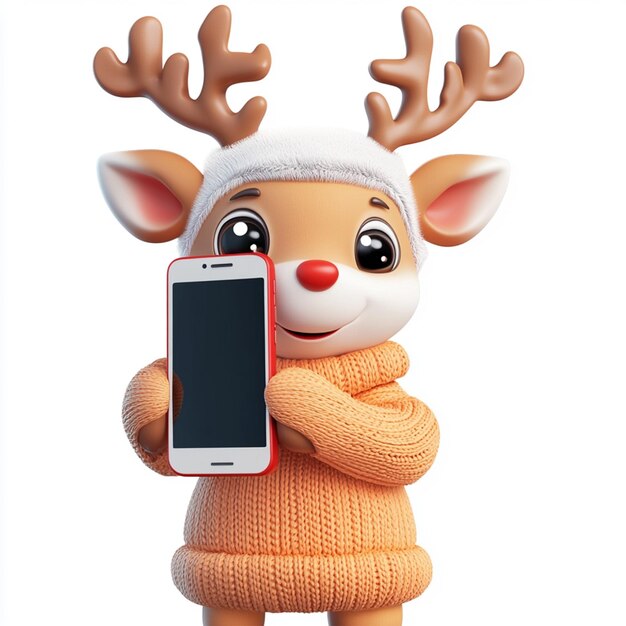 Photo a toy deer with antlers on its face is holding a phone