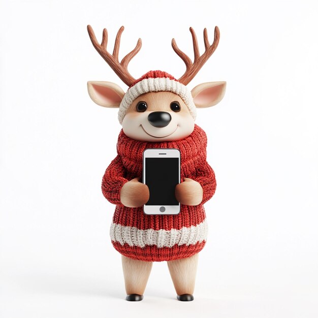 a toy deer with a sweater that says  reindeer  on it