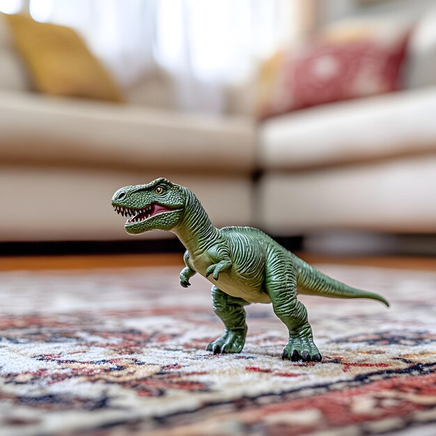 Photo a toy dinosaur on a rug with a red and white rug