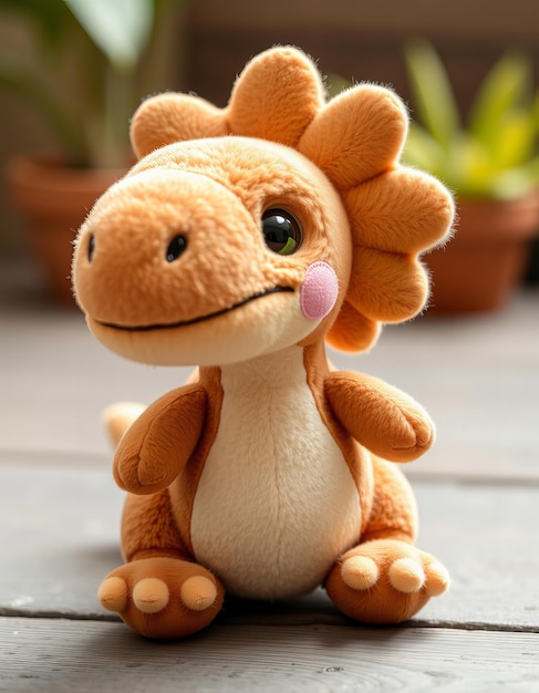 a toy dinosaur with a black nose and a brown nose