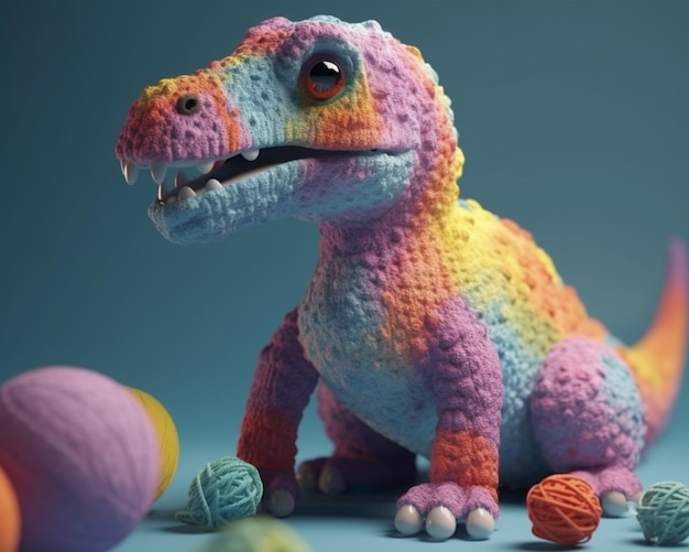 A toy dinosaur with a rainbow colored t rex toy