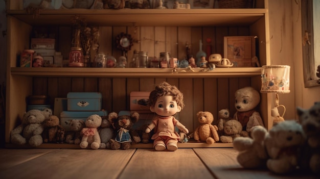 A toy doll sits in a room with a bunch of teddy bears on the shelf.