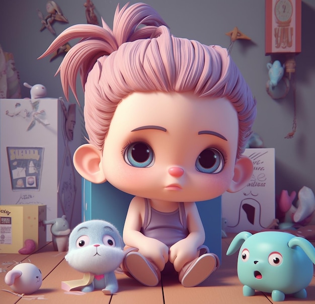 A toy doll with pink hair sits on a blue table with a blue cat and a blue cat.