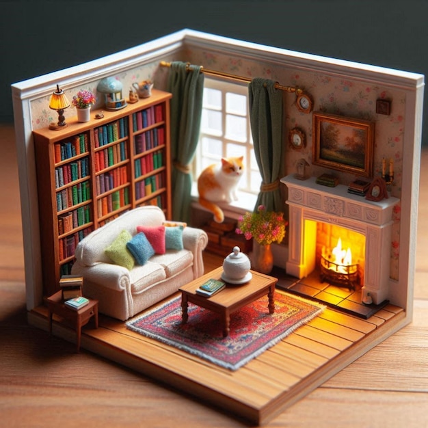 a toy dollhouse with a fireplace and a bookcase with a cat sitting on the floor