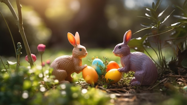 Toy Easter bunnies with easter eggs in a garden