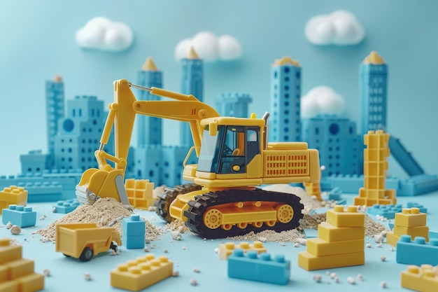 Photo toy excavator at construction site with building blocks