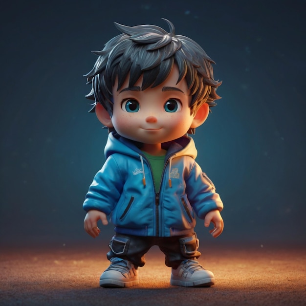 a toy figure of a boy with a jacket that says hair