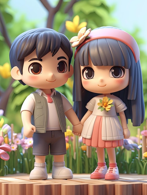 A toy figure of a girl and a boy holding hands.