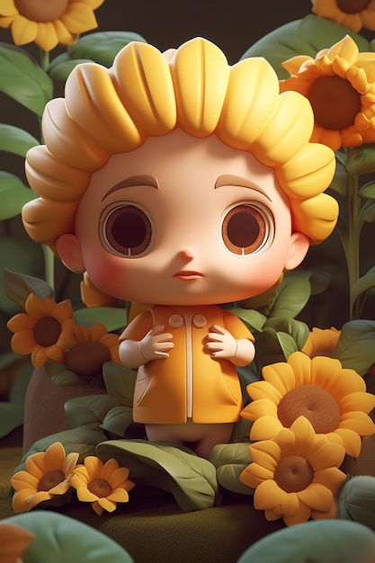 A toy figure of a girl with yellow hair and a yellow hat.