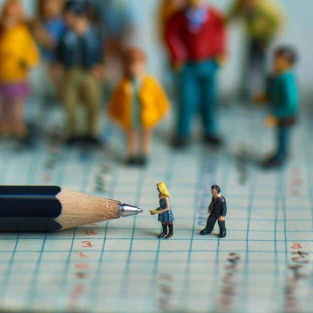 a toy figure is on a board with the word  next to a pencil