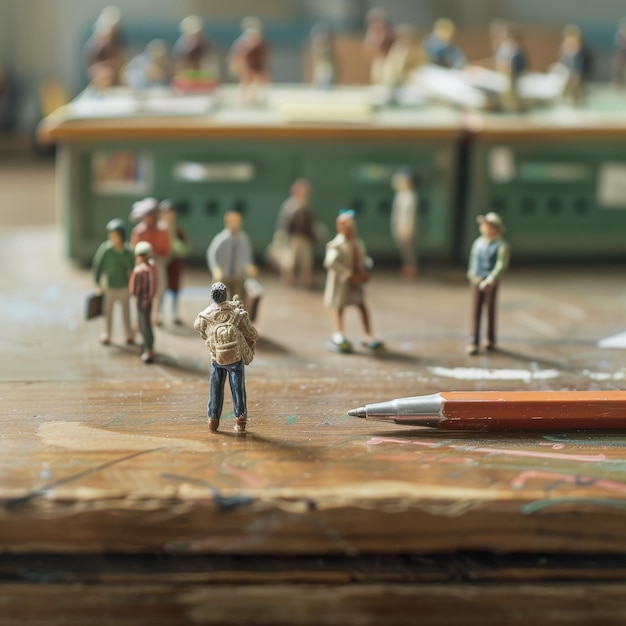 a toy figure is standing next to a pencil and a pencil