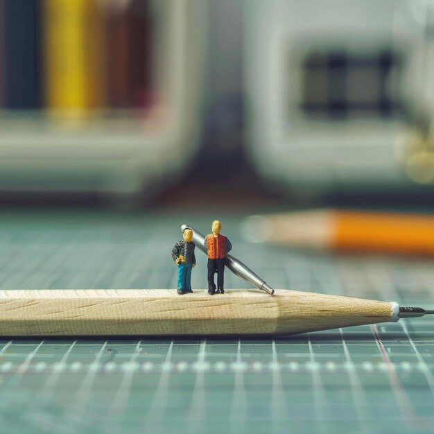 a toy figure is on a wooden pencil and a pencil is being used to make a pencil