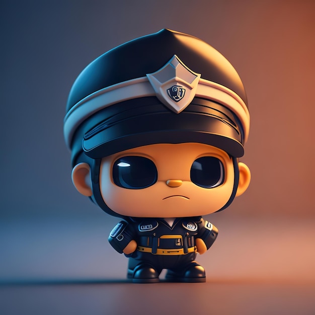 A toy figure of a police officer with a badge on his cap.