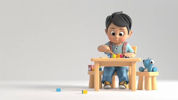 a toy figure sits at a table with a pencil and a pencil