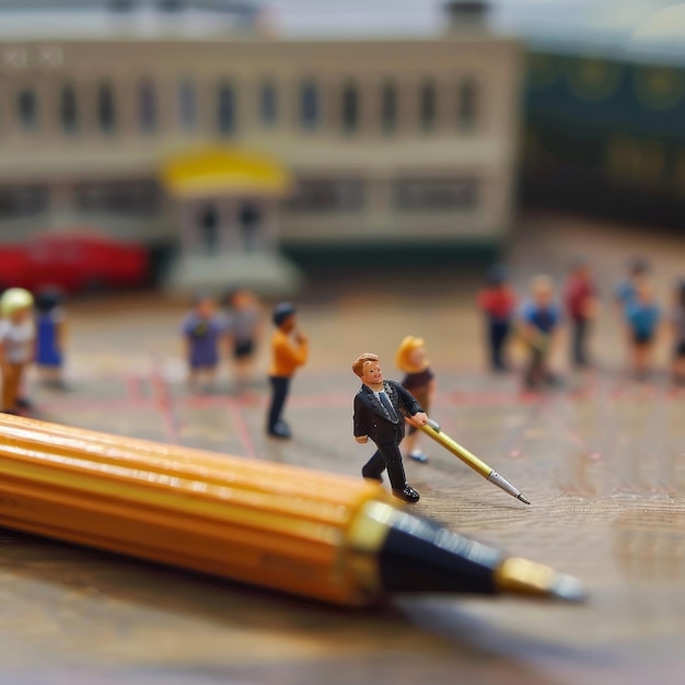 a toy figure with a pencil and a pencil in the middle of it