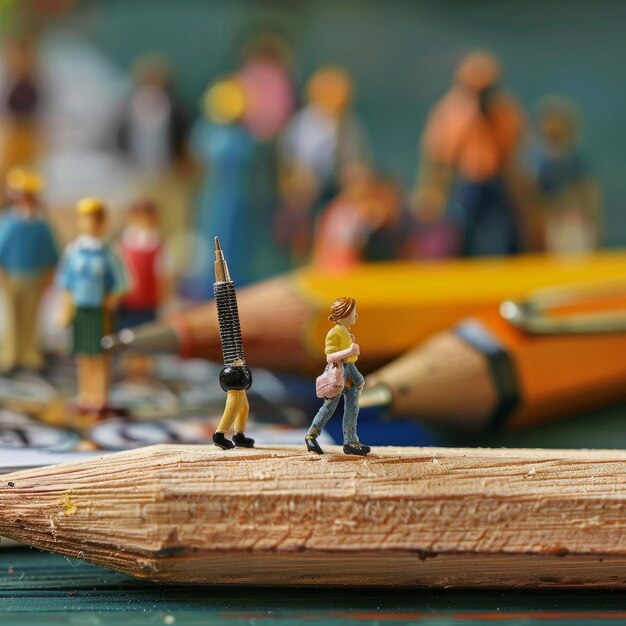 Photo a toy figurine is on a wooden surface with a pencil in the middle