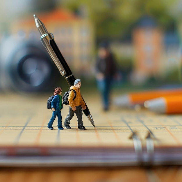 a toy figurine of a man and a pencil with a pen in the background