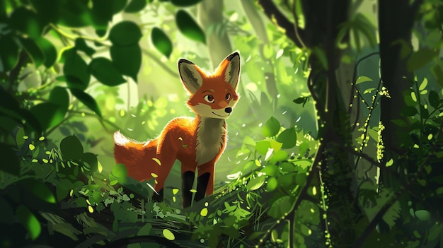 a toy fox is in the woods with leaves