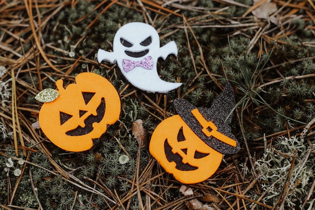 Toy ghost and pumpkin Jack made of felt in the forest Halloween decor