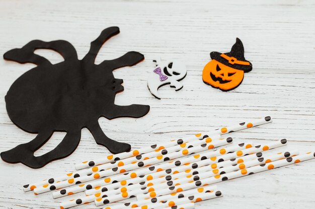 Toy Halloween Pumpkins with Felt Cocktail Straw Festive Decor Party Accessories