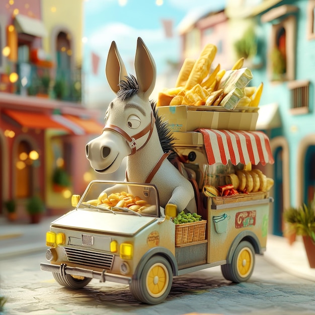 Photo a toy horse is riding in a toy car with a cart full of french fries