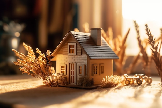 toy house sits on a table with a tractor and a train