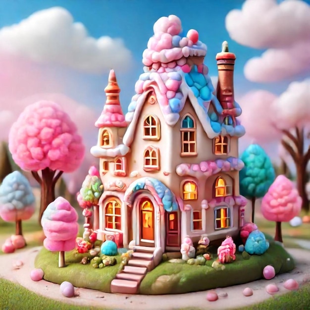 a toy house with a pink door and a staircase