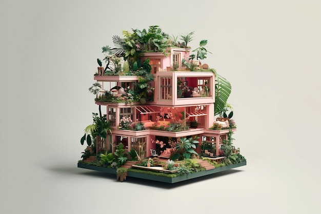 Toy house with plants and cactus in pink and green color generative ai