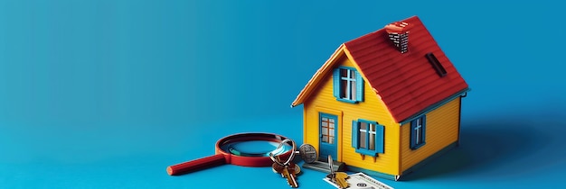 Photo a toy house with a red hose and a blue background