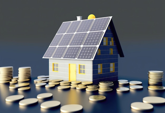 Toy house with solar panels and stack of coins