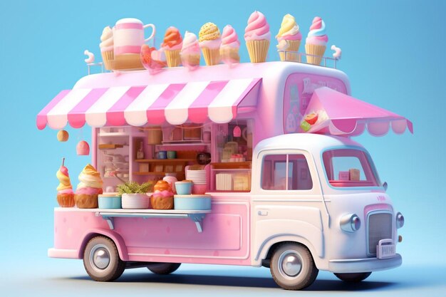 a toy ice cream truck with a pink and white van on the top