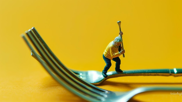 a toy man is on a fork and has a knife in his hand