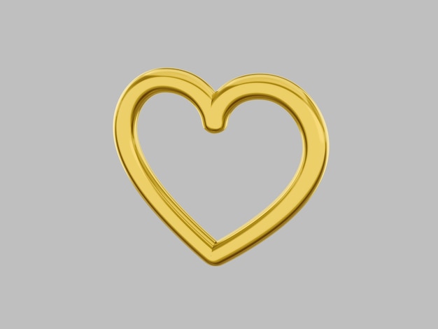 Toy metal heart Golden mono color Symbol of love On a gray flat background Right side view 3d rendering