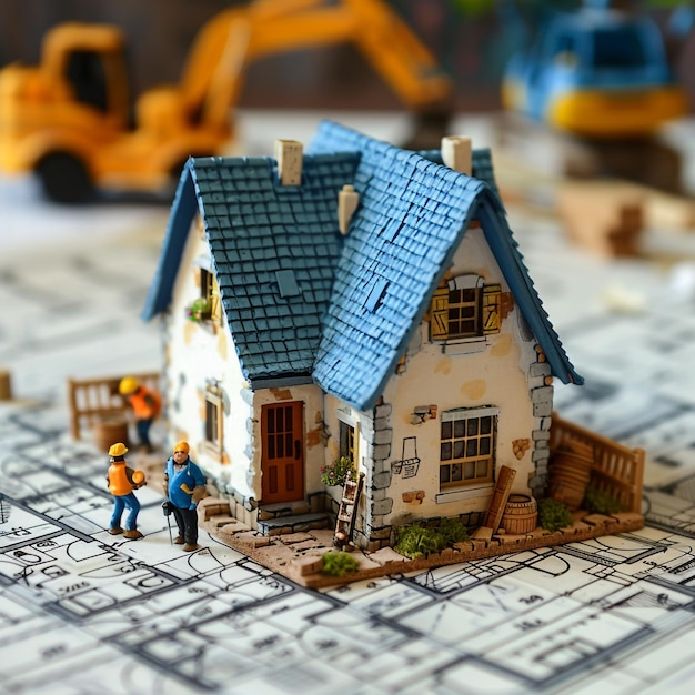 Photo a toy model of a house with a blue roof and a blue roof