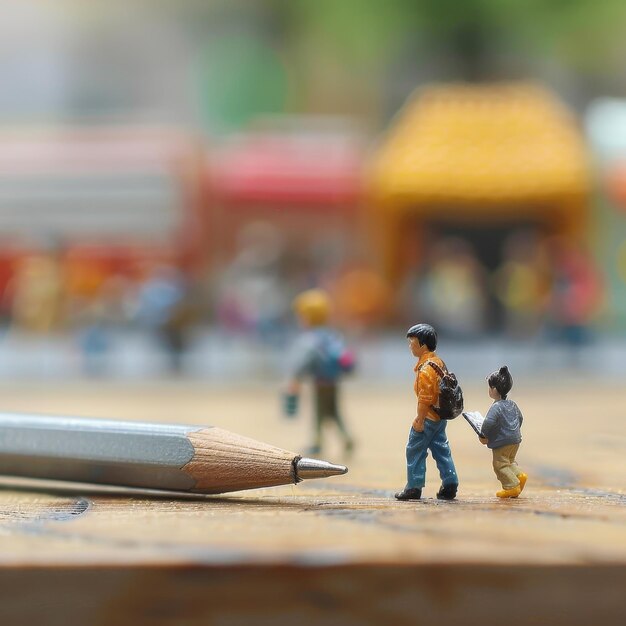 a toy model of a pen with a man holding a pencil and a model of a pencil