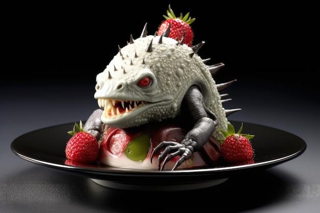 a toy monster on a plate with strawberries